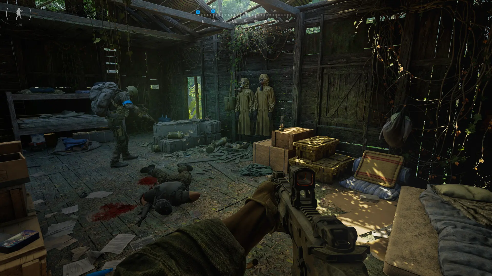 Gray Zone Warfare body lying on the floor of a jungle shack beside supply crates